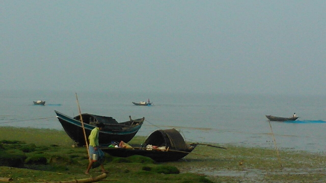 18th February 2015 - 2. The boat of the left is the support boat to help negotiate the tricky high tides, Tengra Char, just below Kakdwip island near the confluence of the Hoogly river and the Bay of Bengal, West Bengal, India